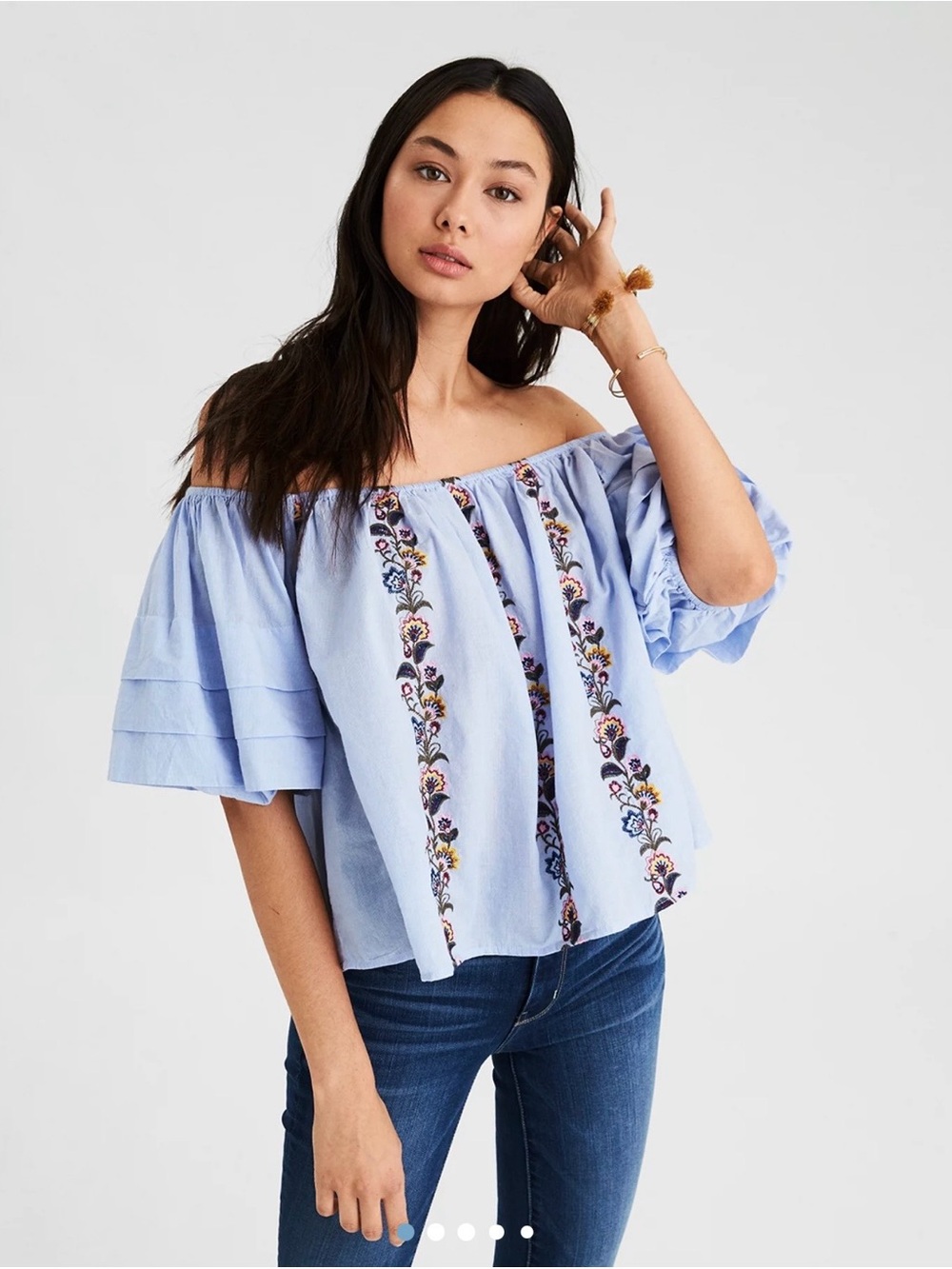American Eagle Size L Embroidered Floral Off-Shoulder Cotton Blouse Cottagecore